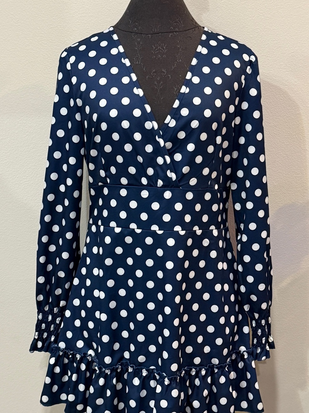 SCACTO Navy White Polka Dot Faux Wrap Ruffle Dress Size Large